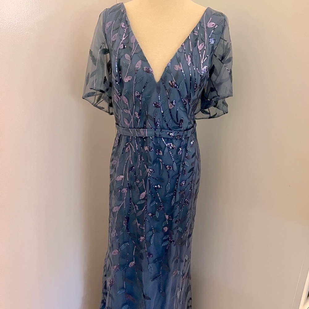 Ever Pretty Blue Sequin Maxi Gown V-Neck Flutter Sleeves